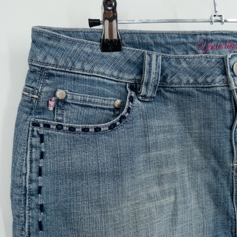 Y2K Younique Blue Denim Micro Mini Skirt Size 8 Raw Hem Low Rise Western Boho - Picture 4 of 7